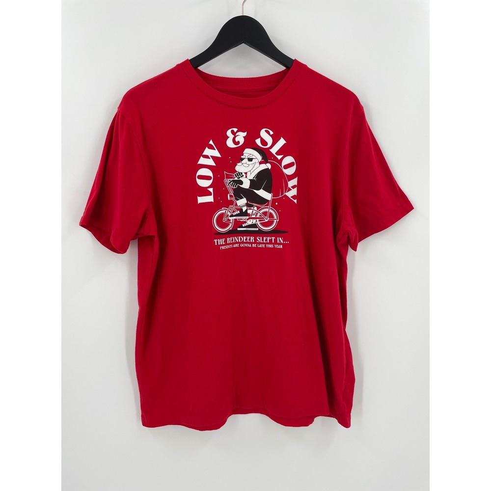 Old Navy Santa T Shirt Mens Large Red Christmas Bicycle Holiday Graphic Tee